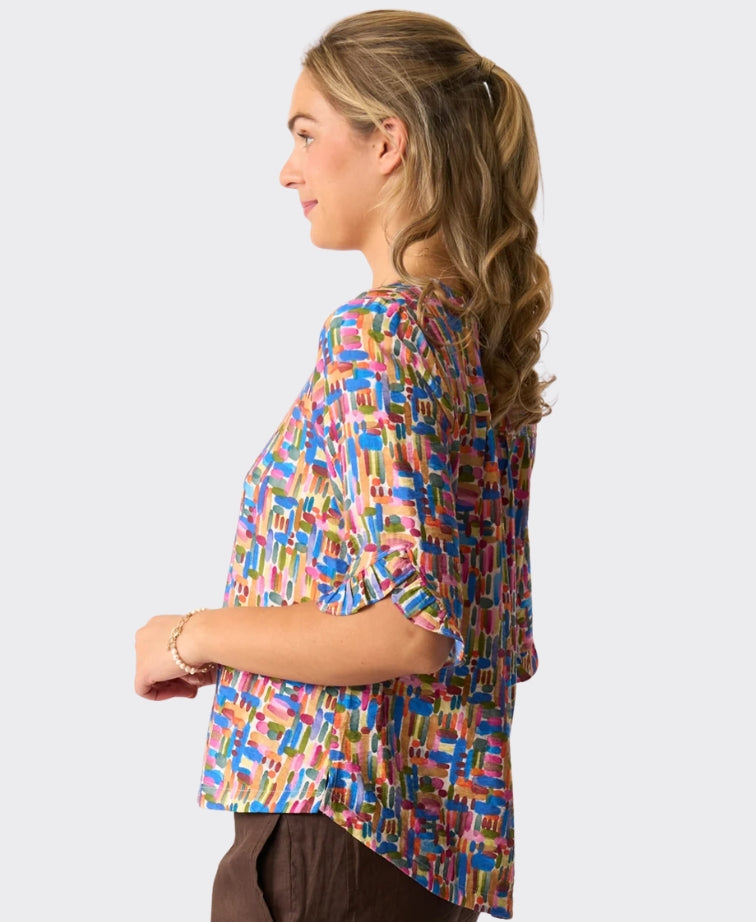 Foil Top Ruffle Sleeve Scoop