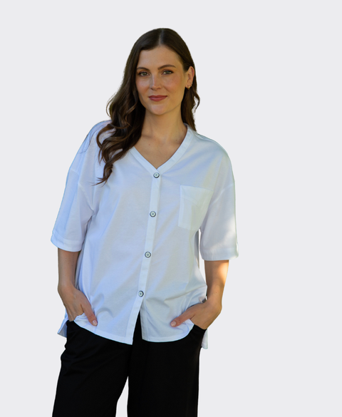 White On Black Top V-Neck Button Front