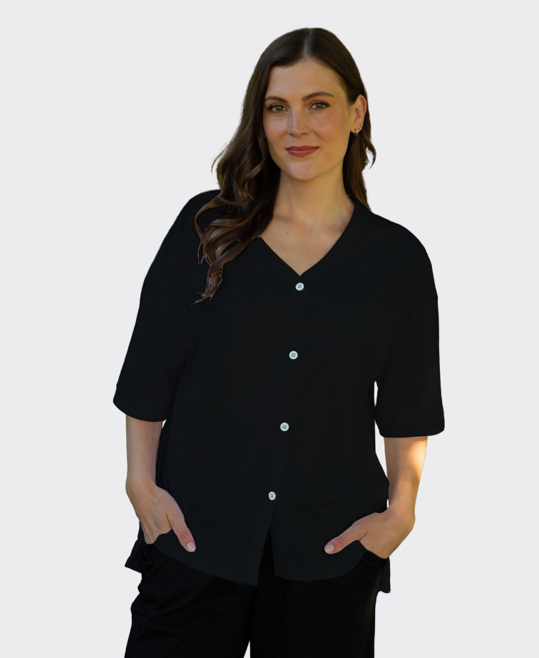 White On Black Top V-Neck Button Front