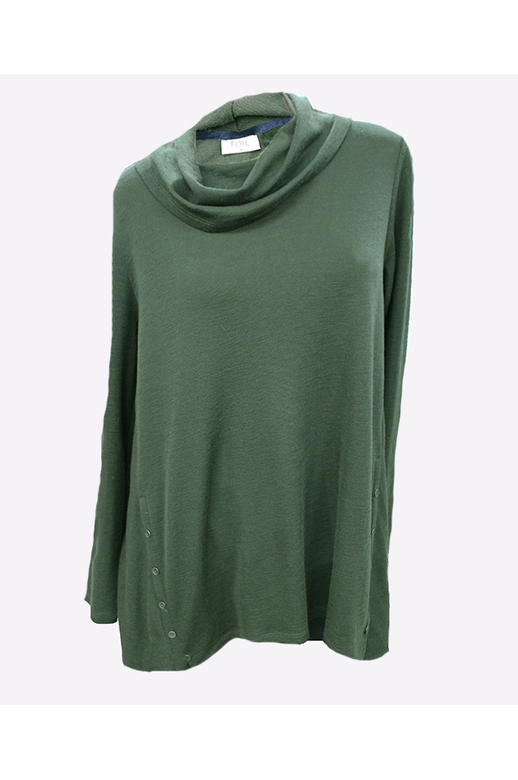 Foil Top Merino Cowl Neck Button Trim