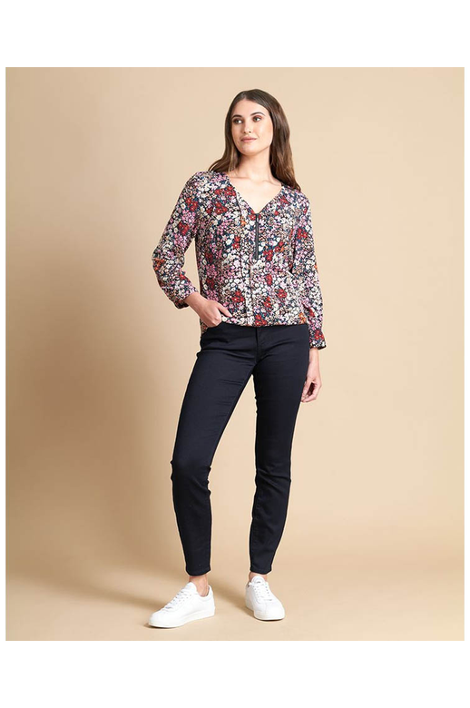 Foil Blouse Viscose Zip Front Tab Sleeve