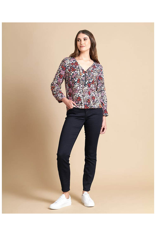 Foil Blouse Viscose Zip Front Tab Sleeve