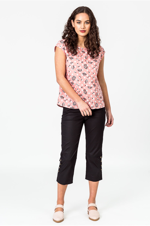 Democracy Top Print Button Bk Cap Sleeve