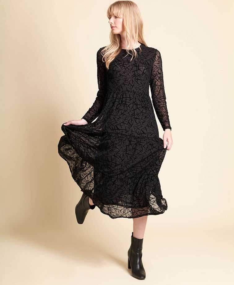 Foil Dress L/S Tiered Hem BrandsLadies Yarntons New Zealand’s