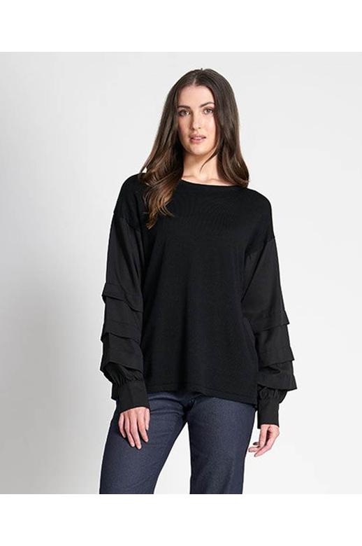 Memo Top Contrast Pleated Woven Merino Blend