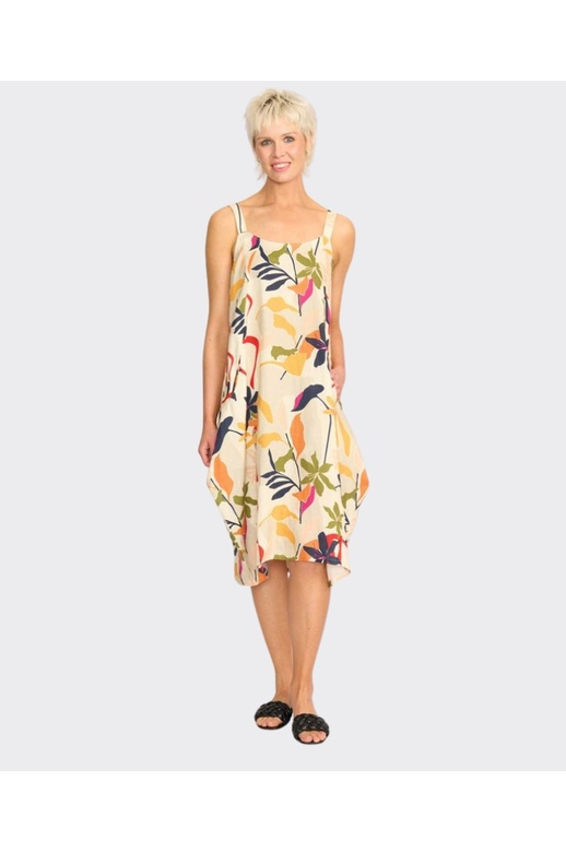 Foil Dress Contrast Straps Linen Cocoon