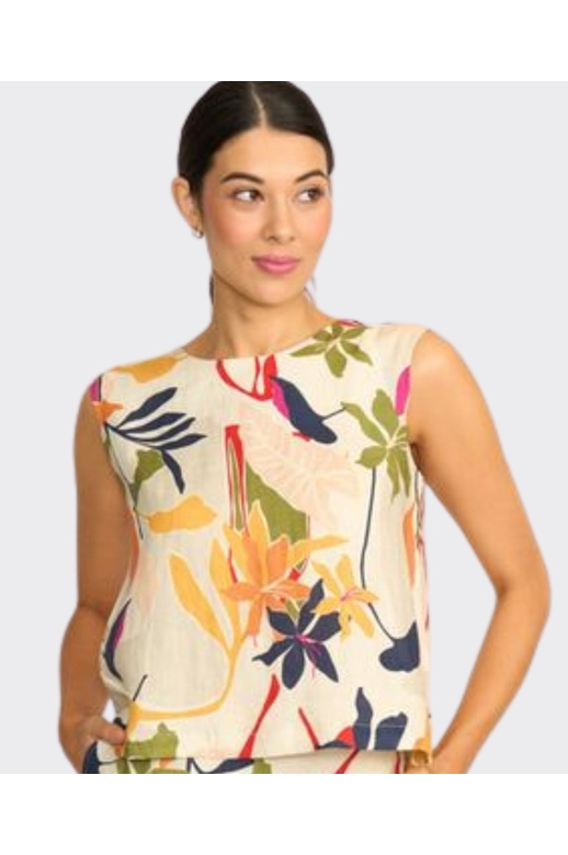 Foil Top Sleeveless Pleat Back Linen
