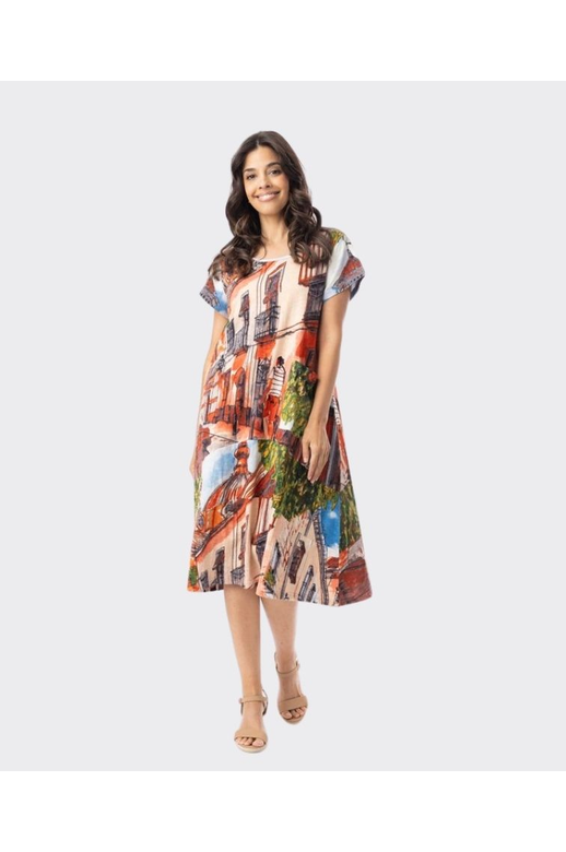 Orientique Dress Printed Cotton Shift Flair Crew