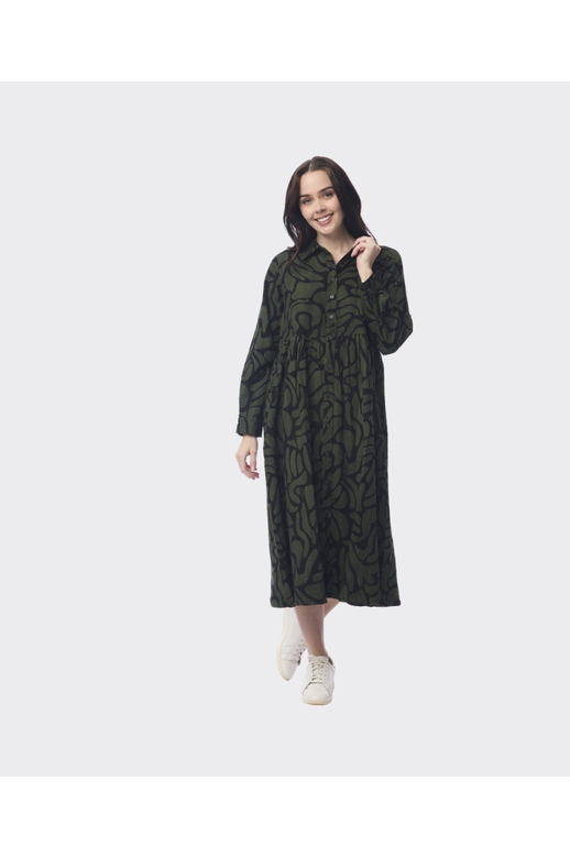 Orientique Dress Midi Collar Button Thru Congo