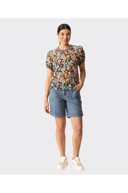 Memo T-Shirt Swing Rib Trim Chiffon