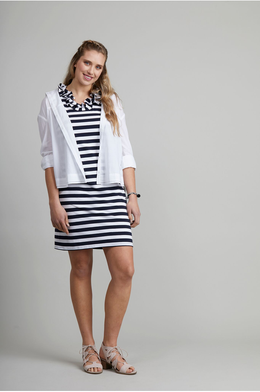 Foil Dress S/L Stripe Ruffle Neck