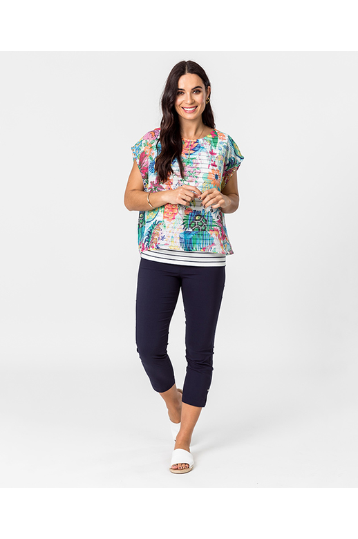 Democracy Top Print Chiffon/Stripe Cap Sleeve Top