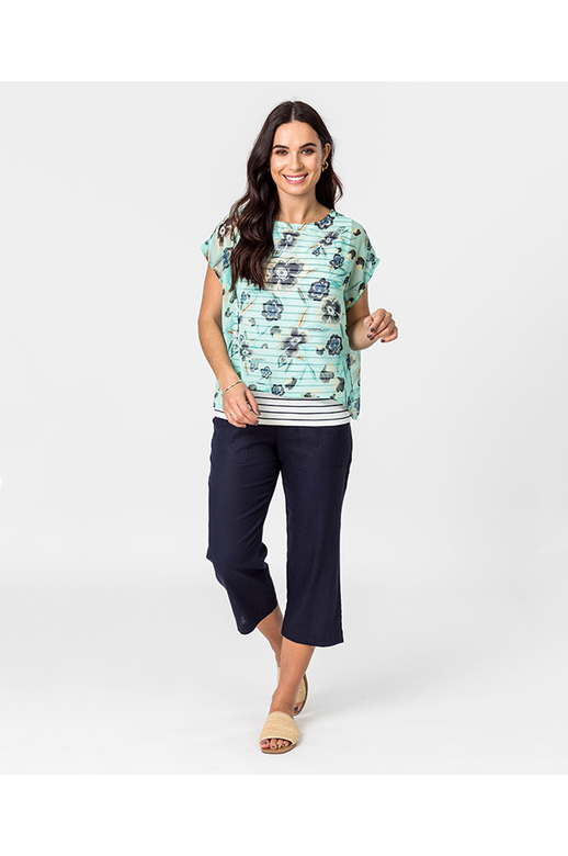 Democracy Top Print Chiffon/Stripe Cap Sleeve Top