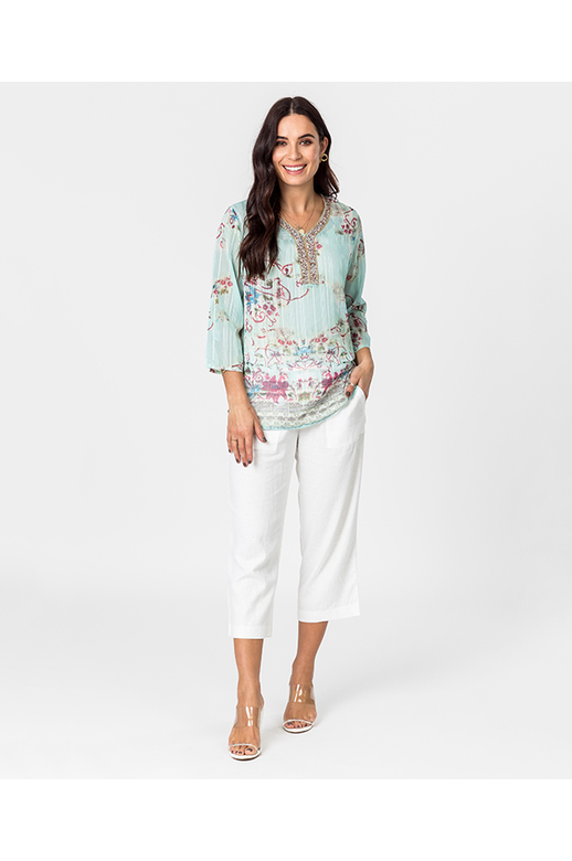 Democracy Top Print Bling V Neck