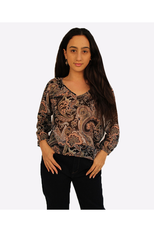 Memo Blouse V Neck Peasant Print